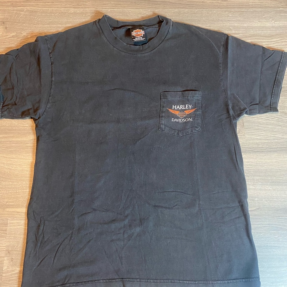 Vintage 90’s Harley-Davidson Black Pocket Tee with Orange Logo - Juneau, Alaska